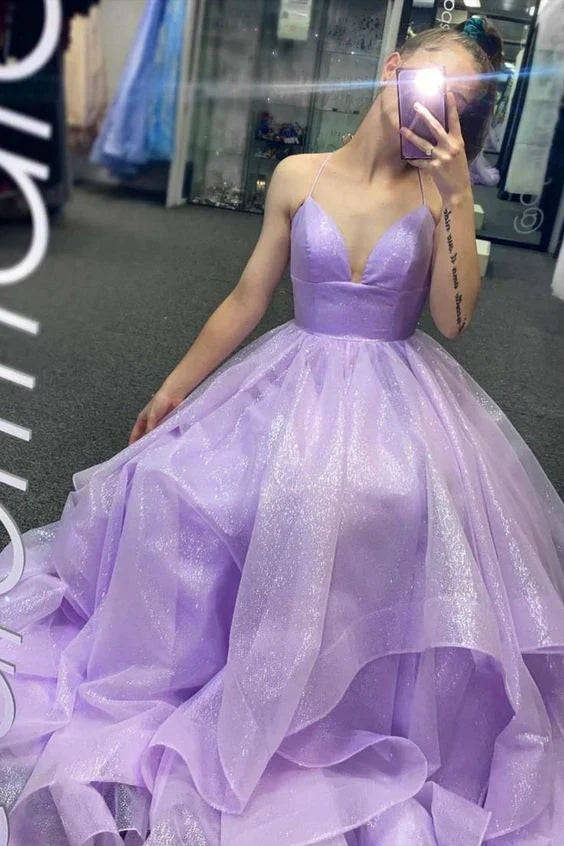 Purple Elegant A-line V-neck Spaghetti Strap Tulle Long Prom Dress ED01450