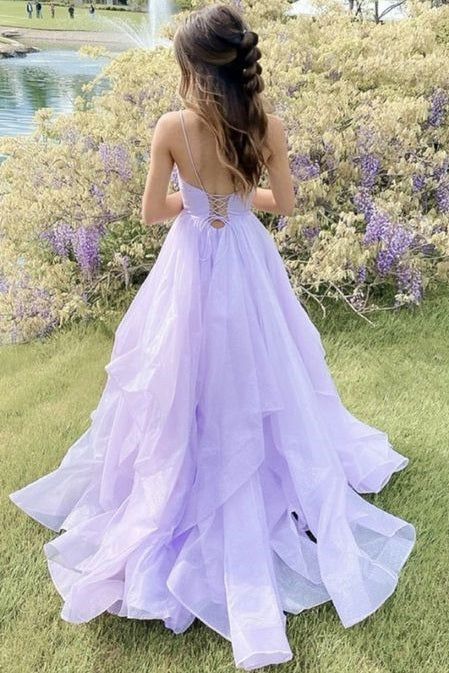Purple Elegant A-line V-neck Spaghetti Strap Tulle Long Prom Dress ED01450