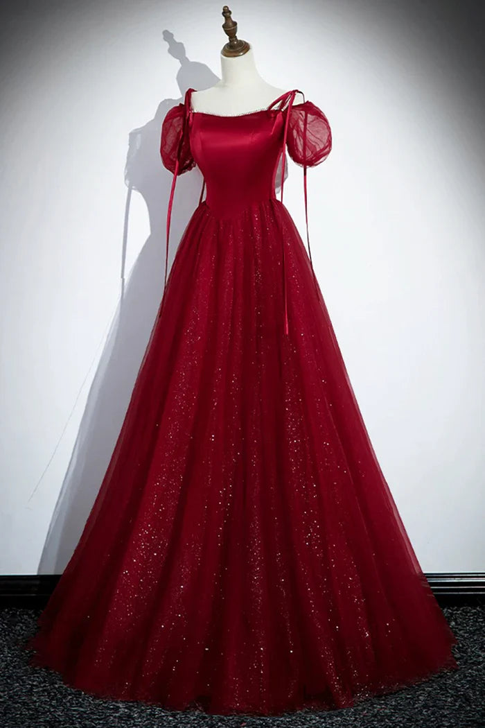 Burgundy A-Line Satin Tulle Floor Length Prom Dress, Off Shoulder Formal Evening Dress ED01455