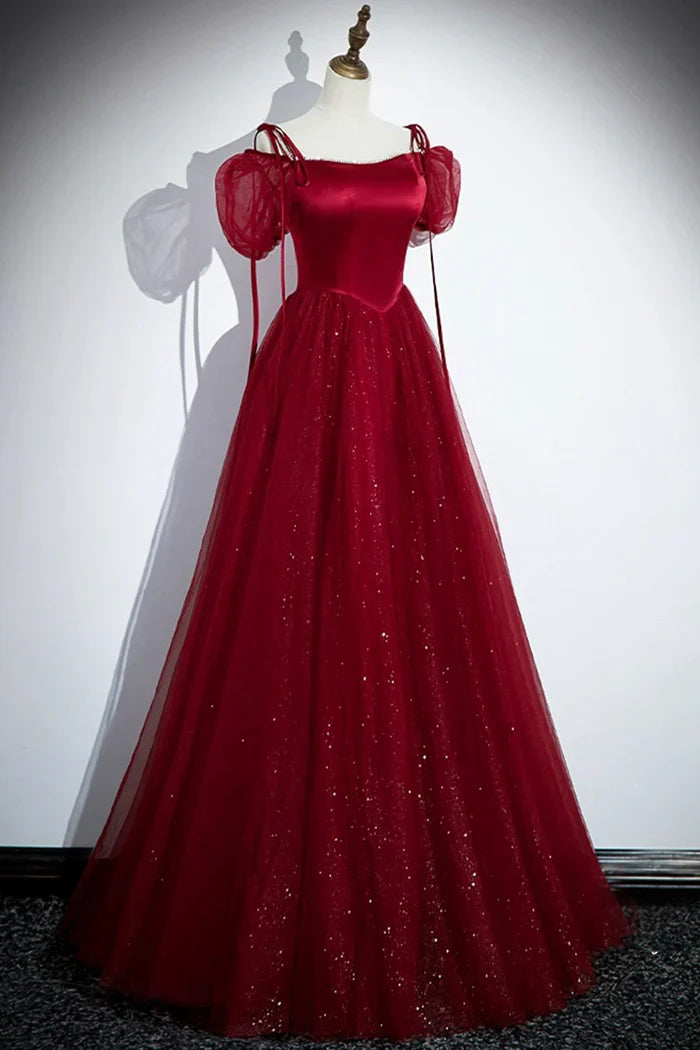 Burgundy A-Line Satin Tulle Floor Length Prom Dress, Off Shoulder Formal Evening Dress ED01455