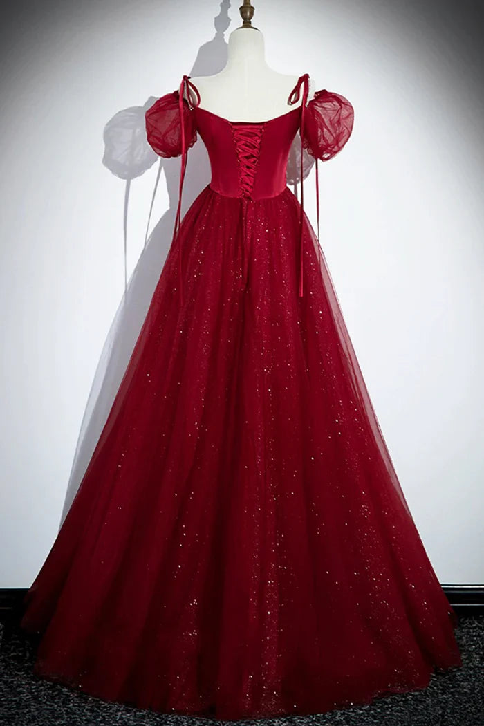 Burgundy A-Line Satin Tulle Floor Length Prom Dress, Off Shoulder Formal Evening Dress ED01455