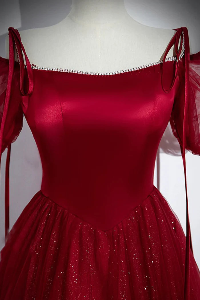 Burgundy A-Line Satin Tulle Floor Length Prom Dress, Off Shoulder Formal Evening Dress ED01455