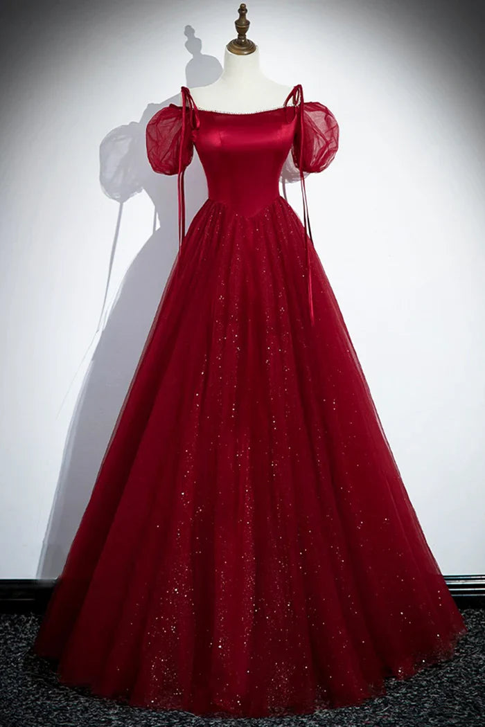 Burgundy A-Line Satin Tulle Floor Length Prom Dress, Off Shoulder Formal Evening Dress ED01455