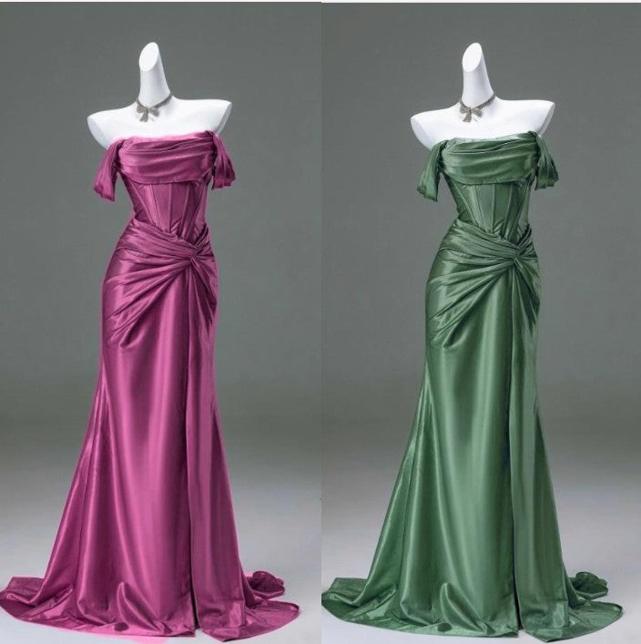 Elegant Pleated Satin Formal Mermaid Evening Dress,Fahsion Graudation Prom Dresses with Off-the-ShoulderED01456