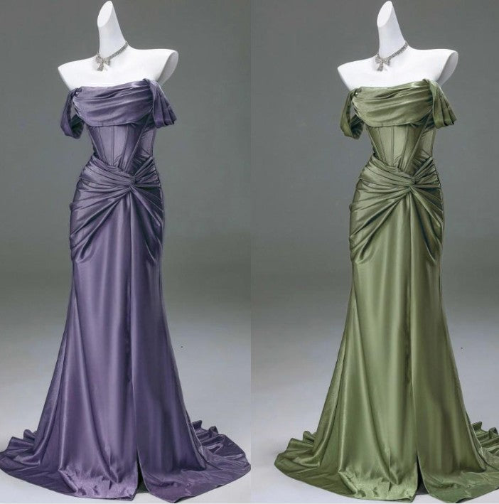Elegant Pleated Satin Formal Mermaid Evening Dress,Fahsion Graudation Prom Dresses with Off-the-ShoulderED01456