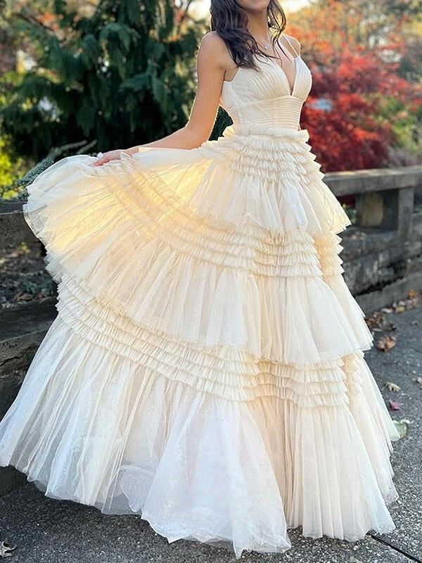 Champagne A-Line Spaghetti Straps Long Tiered Tulle Prom Dress With Split ED01458