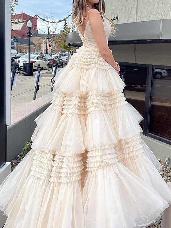 Champagne A-Line Spaghetti Straps Long Tiered Tulle Prom Dress With Split ED01458