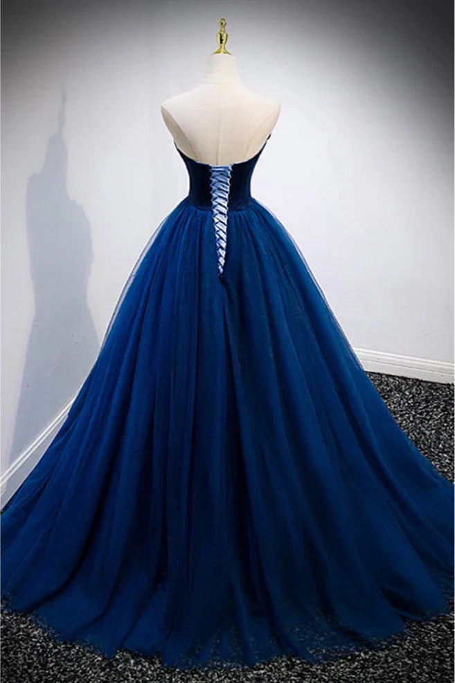 Elegant A-line Strapless Blue Velvet And Tulle Long Prom Dress ED01460
