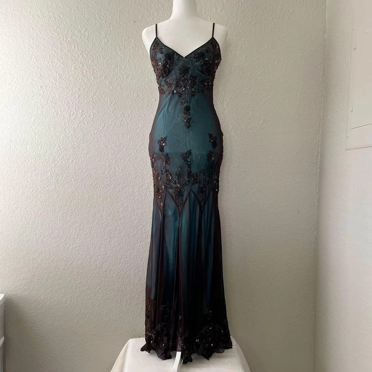 vintage-Inspired Evening Dresses 🩵 Blue Satin Spaghetti Straps Coffee Chiffon Long Prom Dresses with Beading ED01469
