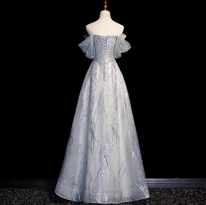 Silver Grey A-Line Tulle Sequin Long Prom Dress,Sweet Off-shoulder Evening Dress ED01473