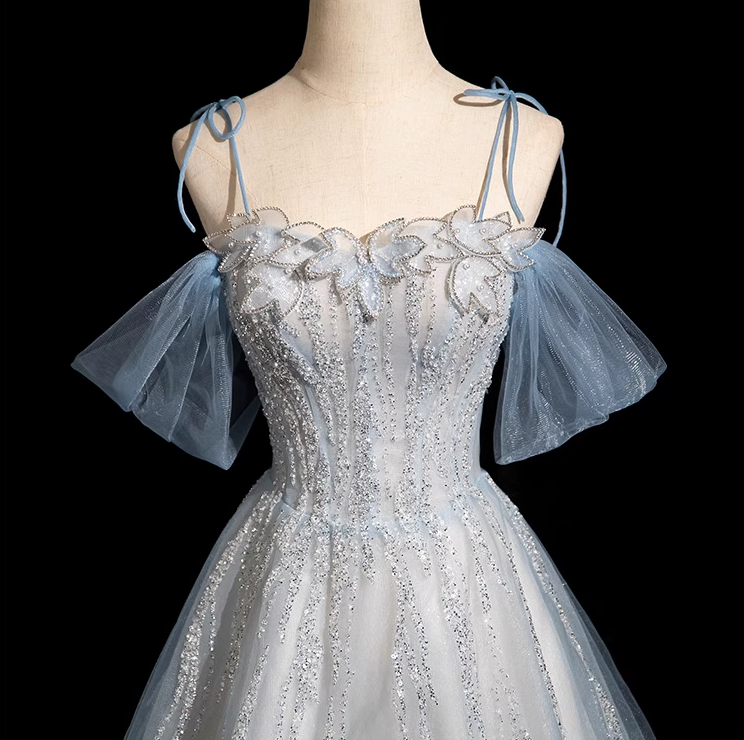 A-line Spaghetti Straps Tulle Sequins Long Prom Dress, Sweet Beaded Evening Dress ED01474