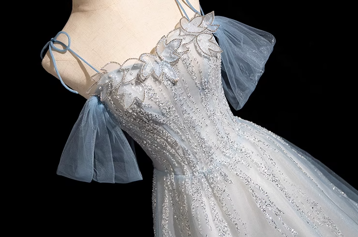 A-line Spaghetti Straps Tulle Sequins Long Prom Dress, Sweet Beaded Evening Dress ED01474
