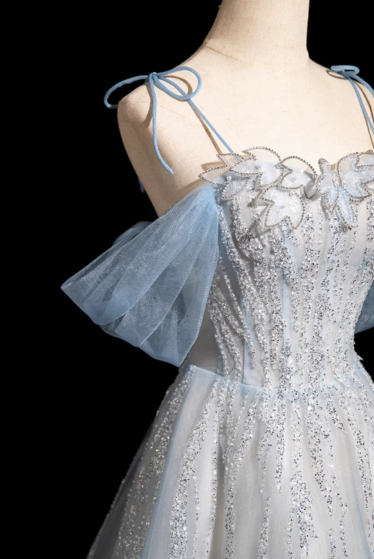 A-line Spaghetti Straps Tulle Sequins Long Prom Dress, Sweet Beaded Evening Dress ED01474
