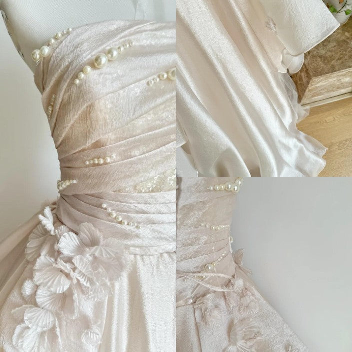 Sweet Pink A-line Tulle Satin Long Prom Dresses Strapless Applique Wedding Dresses ED01476