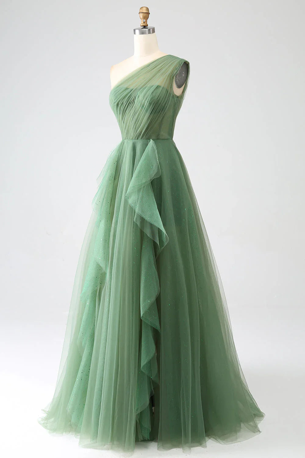 Dark Green A-Line One-Shoulder sequins Tulle Long Prom Dress ED01492