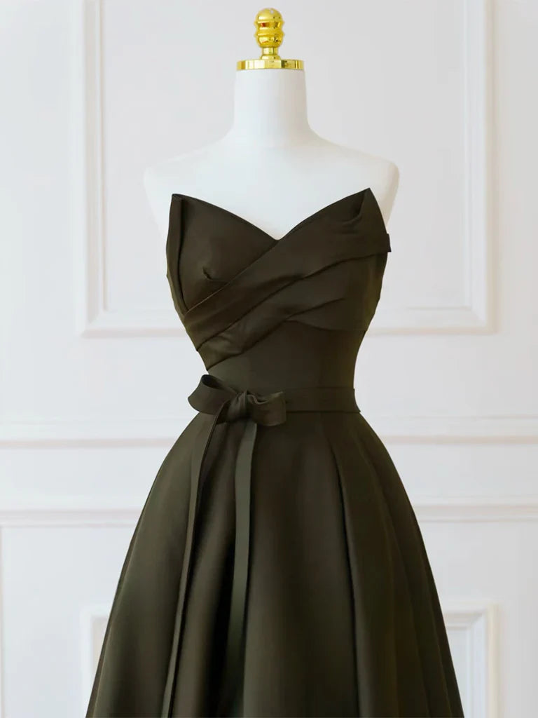 A-Line V Neck Satin Olive Green Long Prom Dress, Olive Green Long Formal Dress ED015