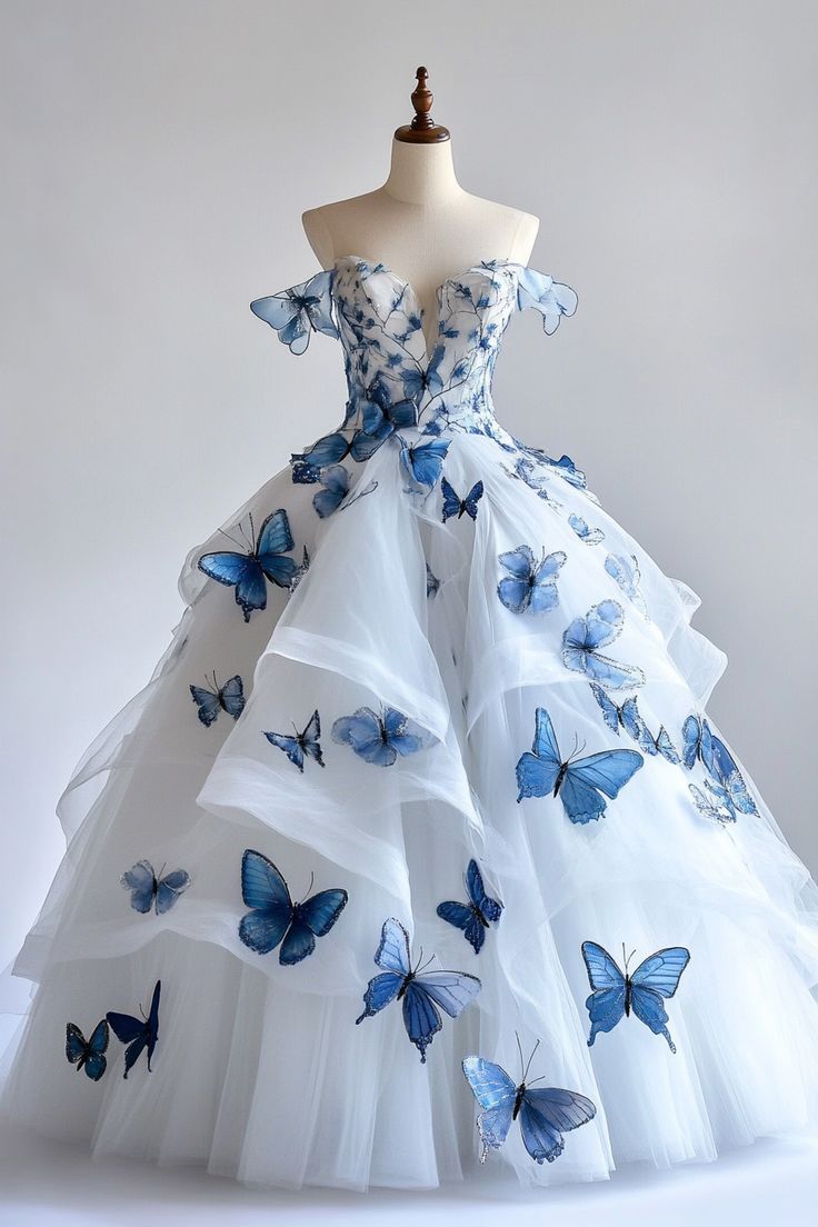 White A-Line Fairytale Tulle Long Prom Dress with 3D Butterfly🦋Off-the-shoulder Evening Gown for Birthday&Quinceanera ED01502