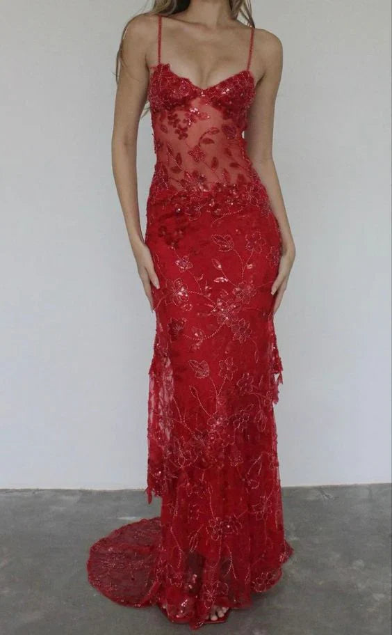Red Mermaid Spaghetti Straps Tulle Lace Long Prom Dress Sexy Birthday Dress ED01519