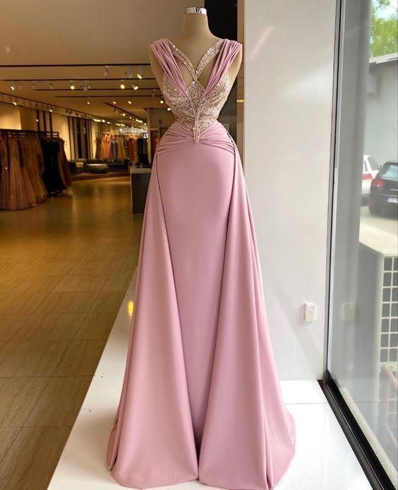 Pink V-neck Fitted Satin Lace Long Prom Dress ED01521