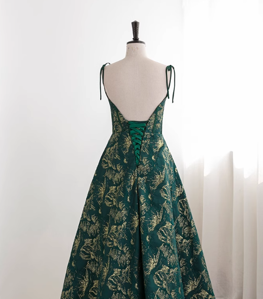 Dark Green A-line Spaghetti Strap Satin Long Prom Dress Sweetheart Neckline Retro Bridal Dress ED01523