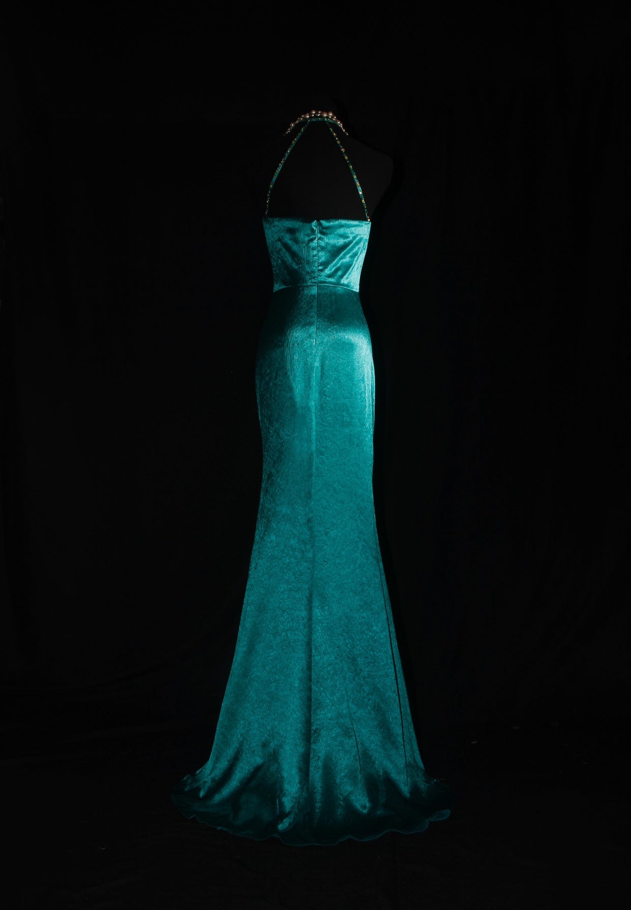 Turqoise Mermaid Halter Satin Beaded Long Prom Dress Retro V-neck Rhinestone Evening Gown ED01525