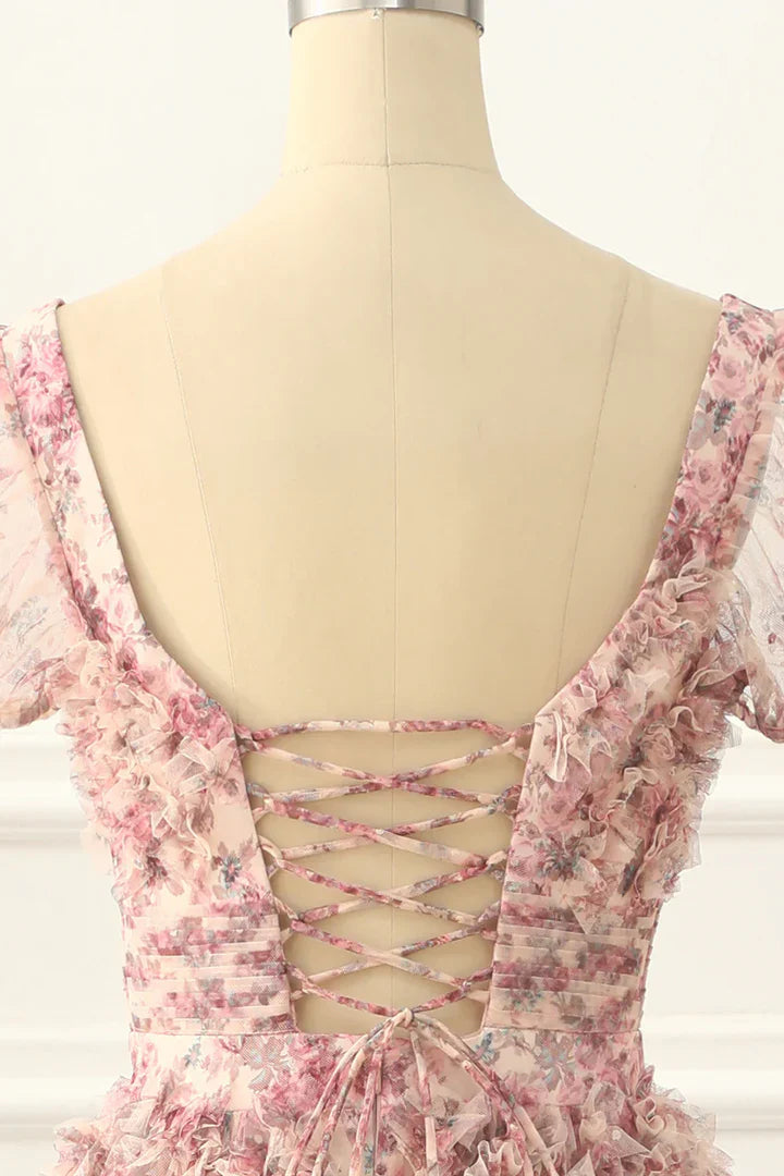 Pink A-line Tulle Pleated Floral Long Prom Dress Adult Ceremony Graduation Prom Dress ED01533