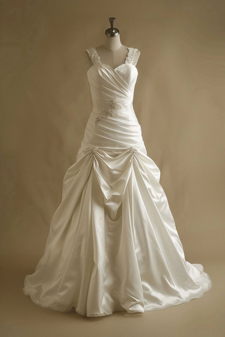 Simple A-line Satin Lace Long Prom Dress Sweetheart Neck White Beaded Wedding Dress ED01534
