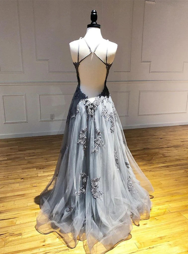 Gray A-line Halter Tulle Appliques Long Prom Dress Backless Formal Evening DressED01551
