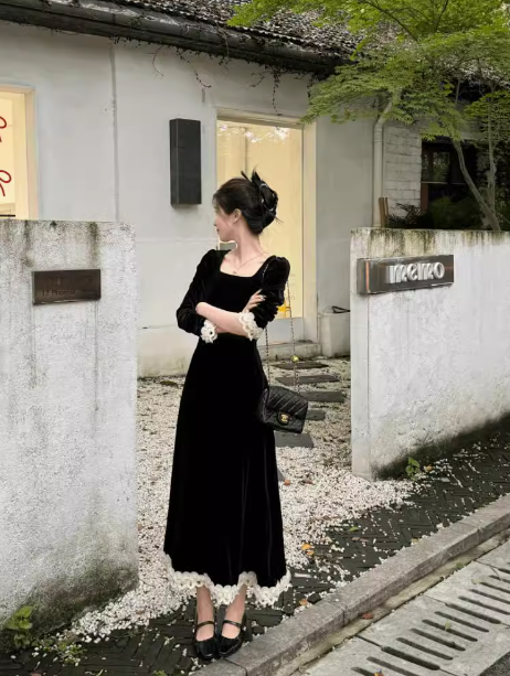 French classic retro square neck waist heavy black dress ED0155