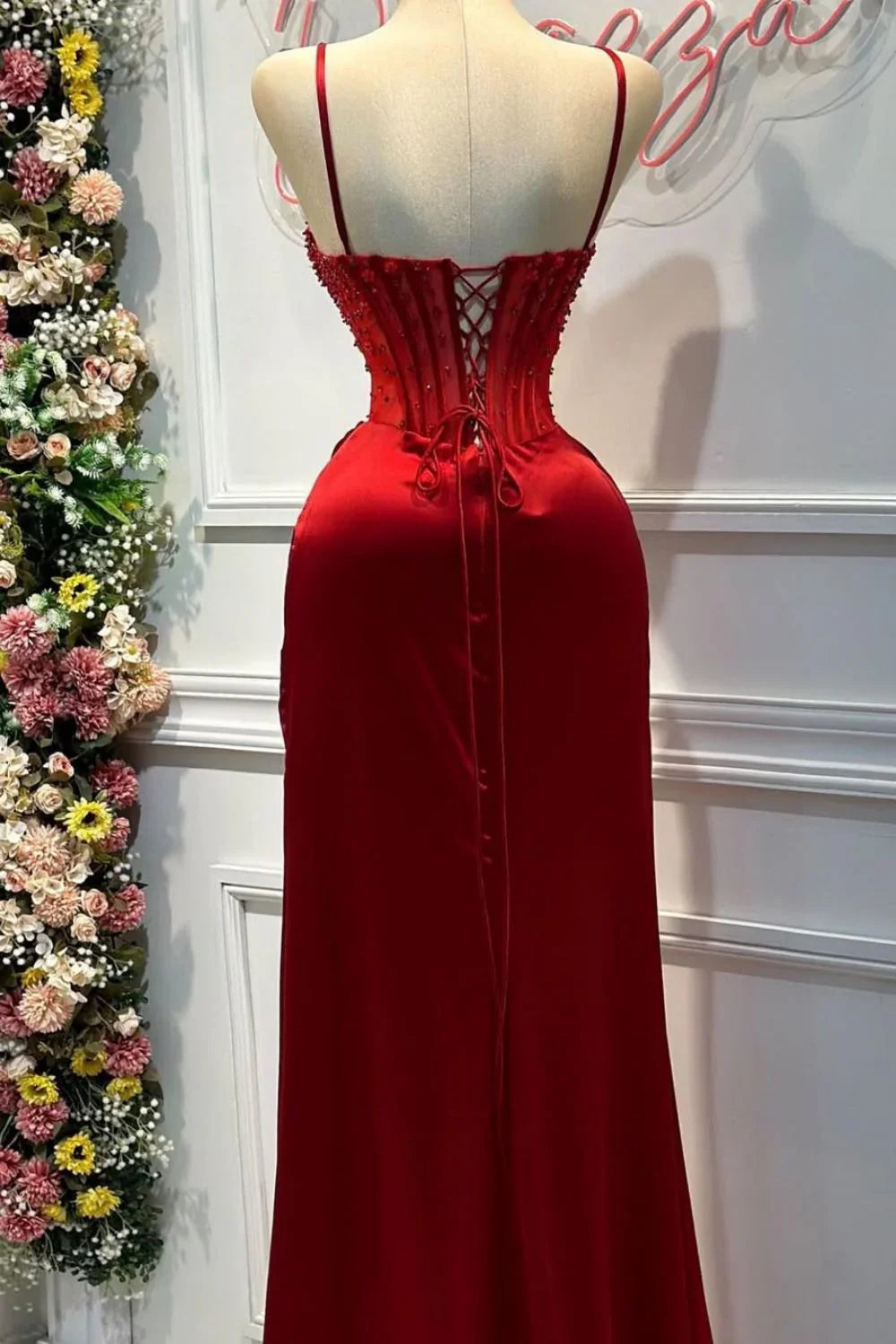 Chic Mermaid Spaghetti StrapsSatin Long Formal Dress with Beading ED01569