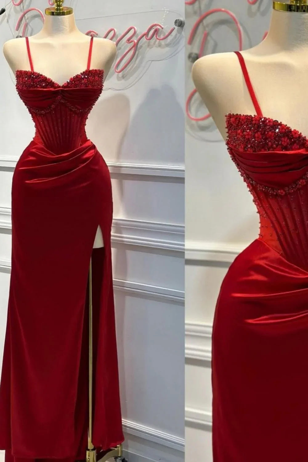 Chic Mermaid Spaghetti StrapsSatin Long Formal Dress with Beading ED01569