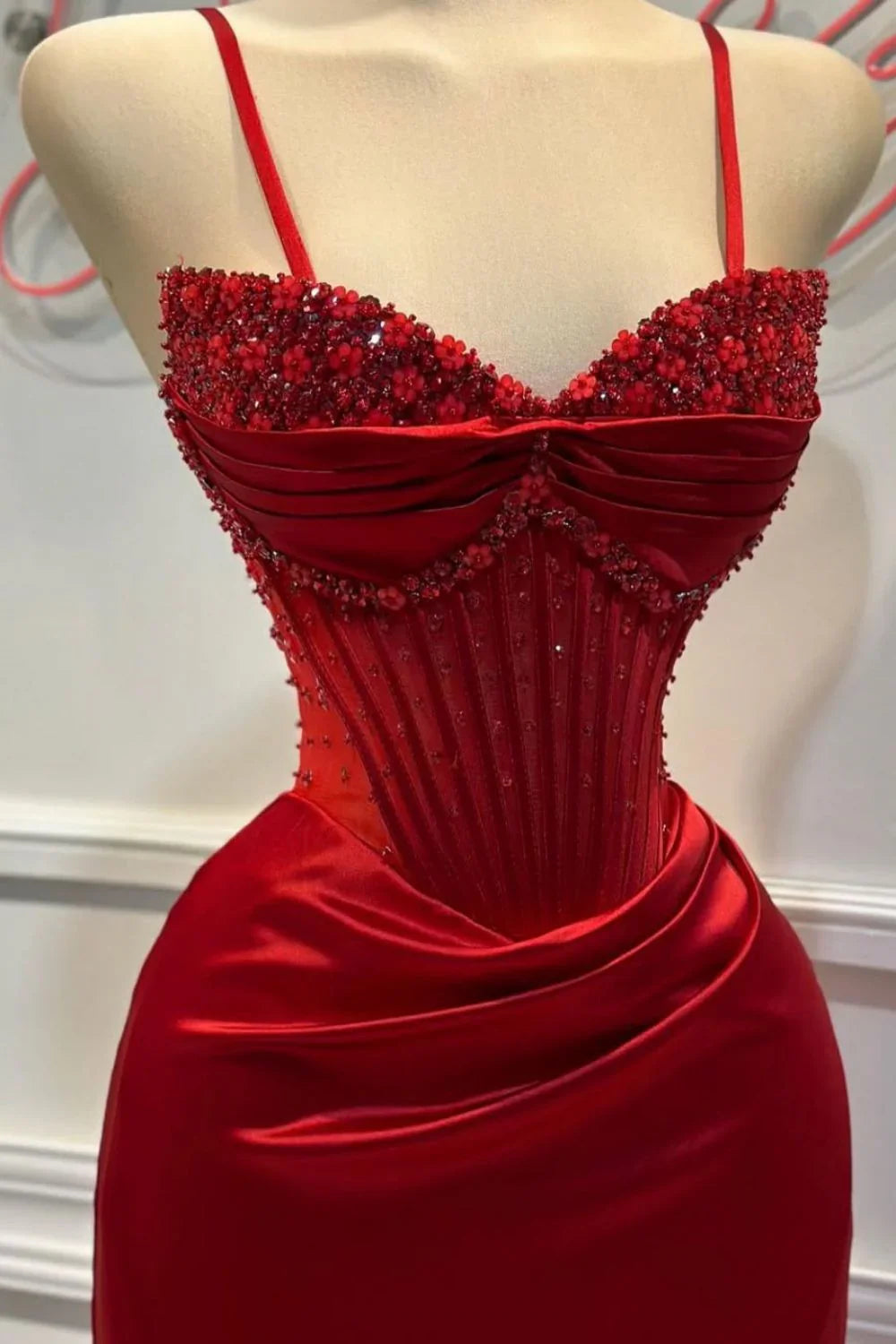 Chic Mermaid Spaghetti StrapsSatin Long Formal Dress with Beading ED01569