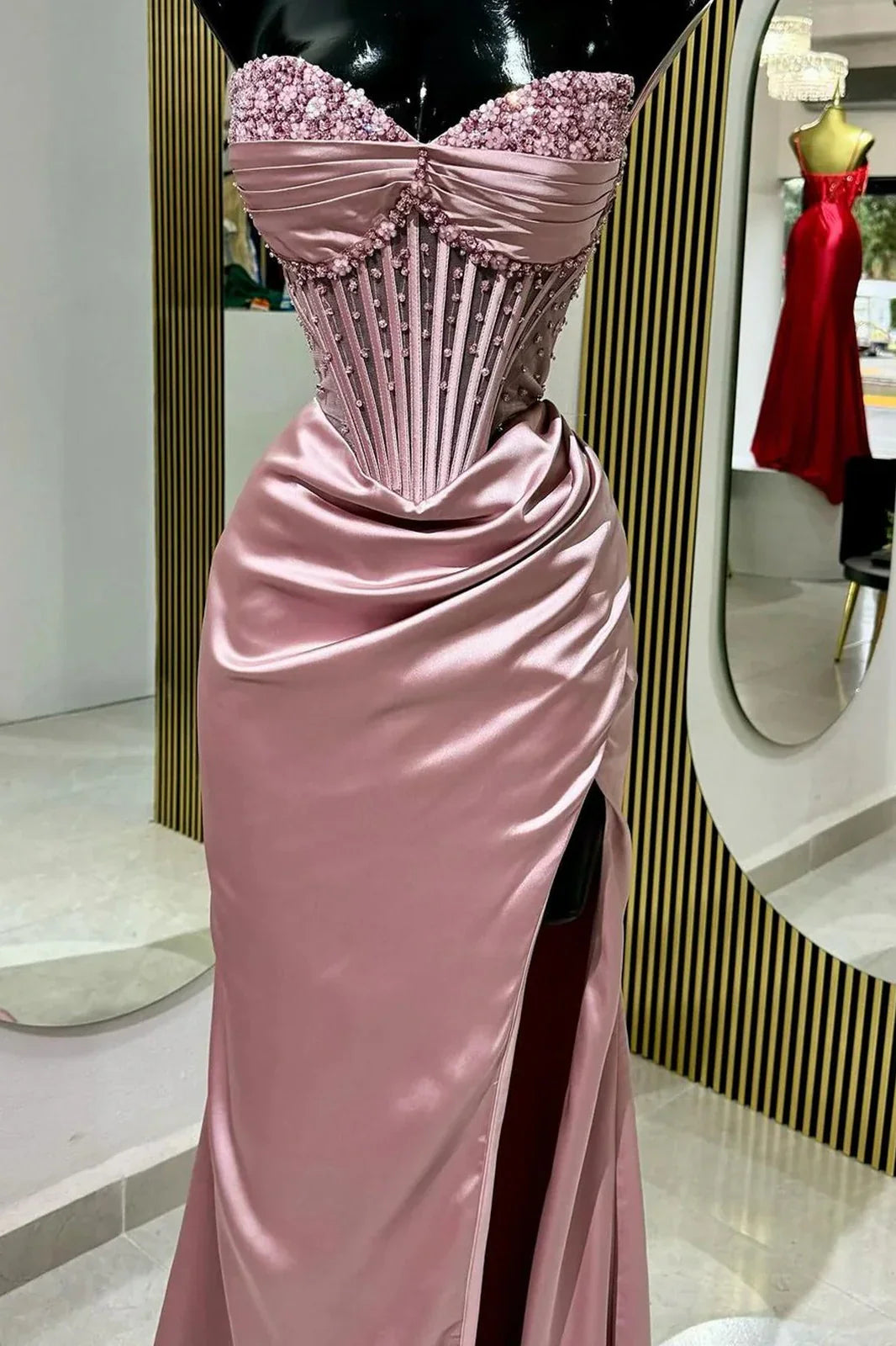 Chic Mermaid Spaghetti StrapsSatin Long Formal Dress with Beading ED01569