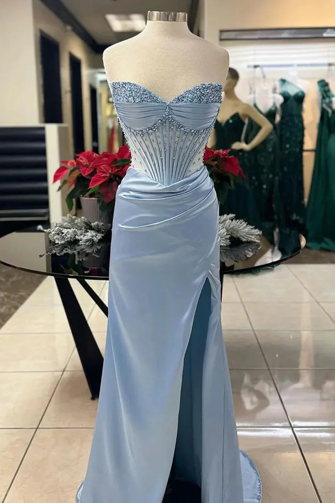 Chic Mermaid Spaghetti StrapsSatin Long Formal Dress with Beading ED01569