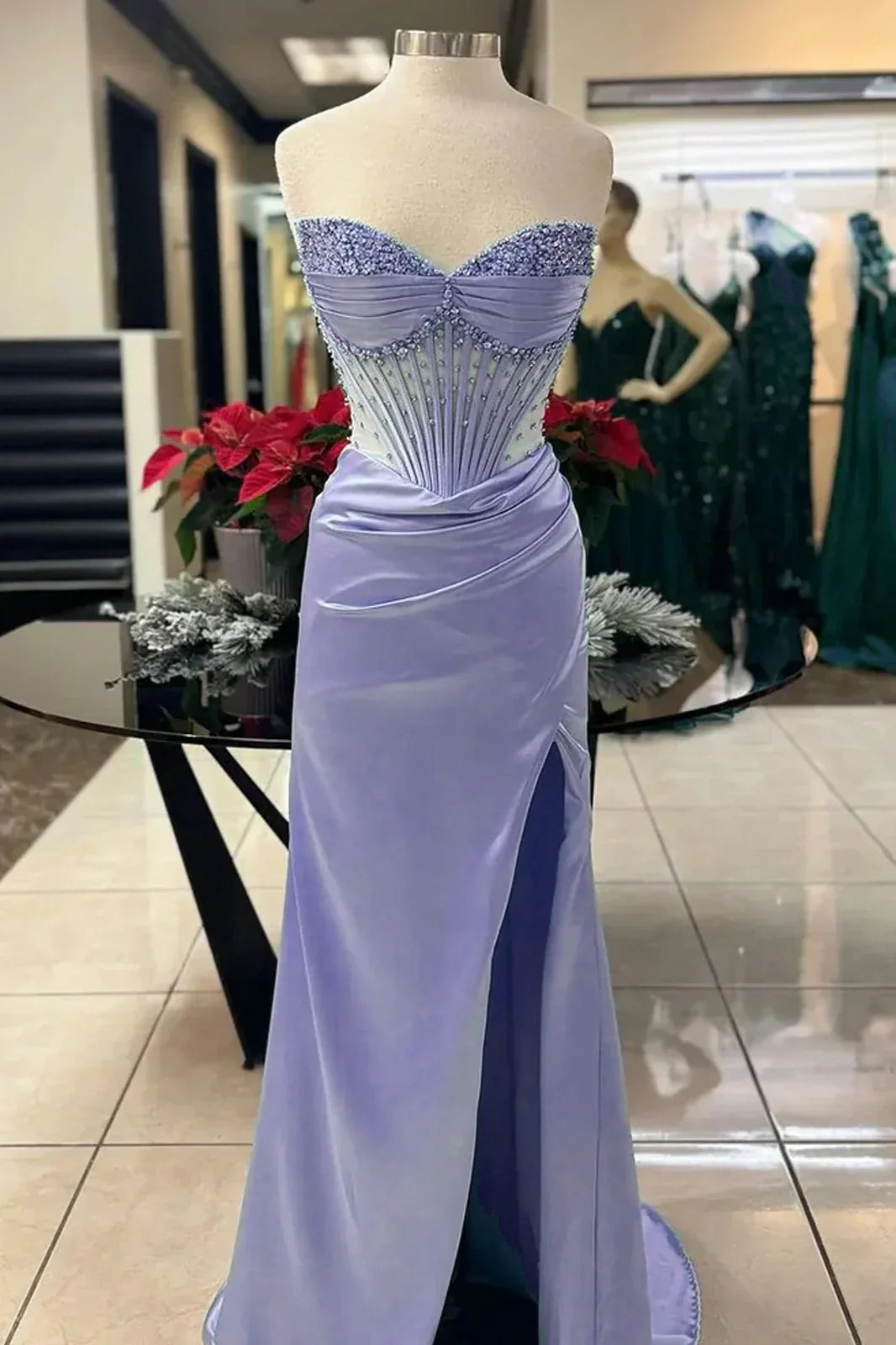 Chic Mermaid Spaghetti StrapsSatin Long Formal Dress with Beading ED01569