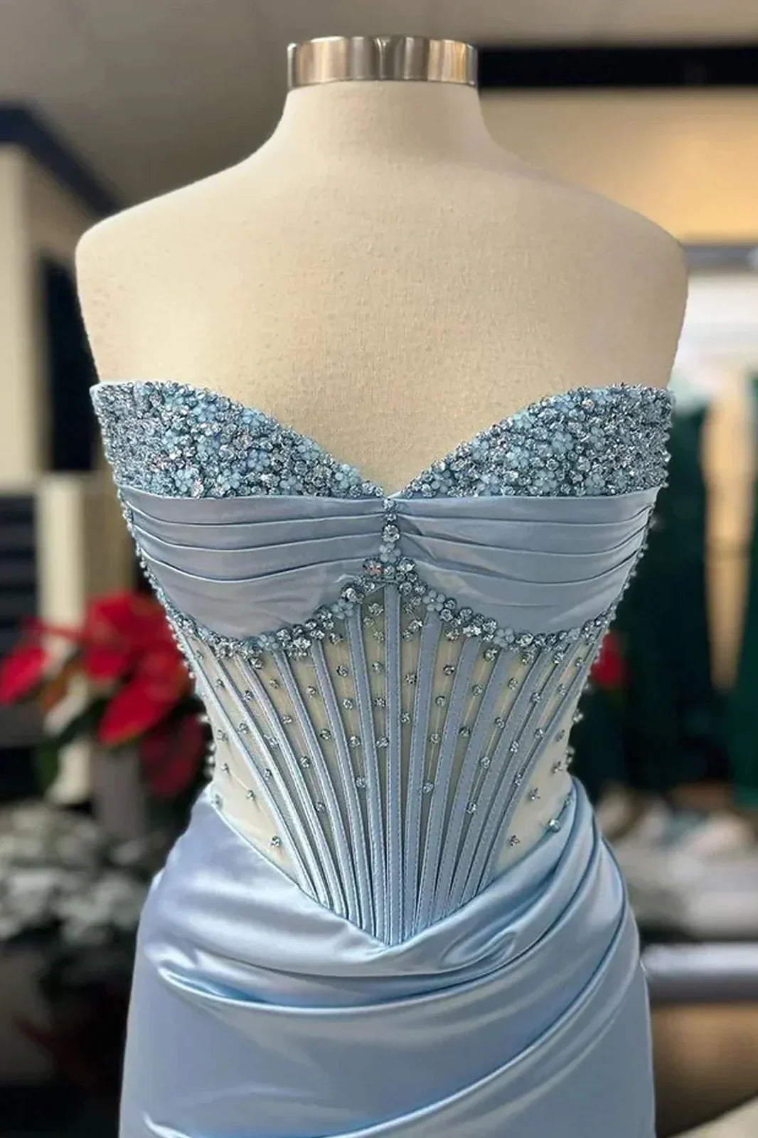Chic Mermaid Spaghetti StrapsSatin Long Formal Dress with Beading ED01569