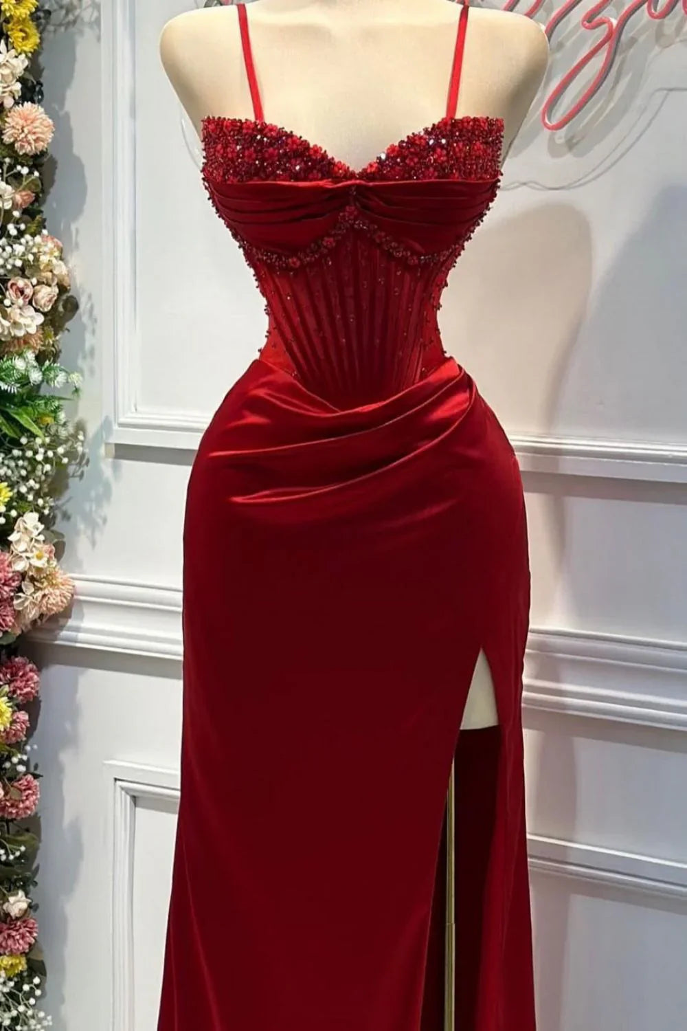 Chic Mermaid Spaghetti StrapsSatin Long Formal Dress with Beading ED01569