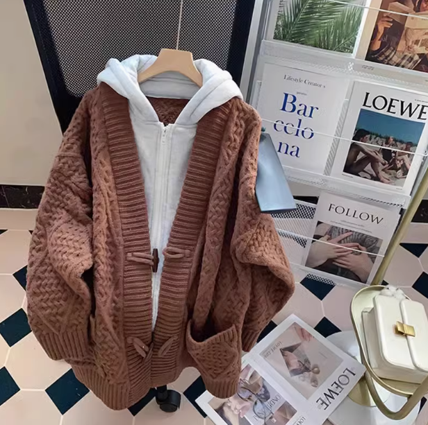 Fake two-piece hooded sweater jacket loose lazy style mid-length knitted cardigan ED0156