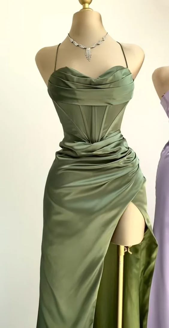 Dark Green Mermaid Satin Spaghetti Straps Long Prom Dress With Split ED01573