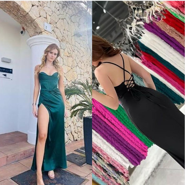 Dark Green Mermaid Satin Spaghetti Straps Long Prom Dress With Split ED01573