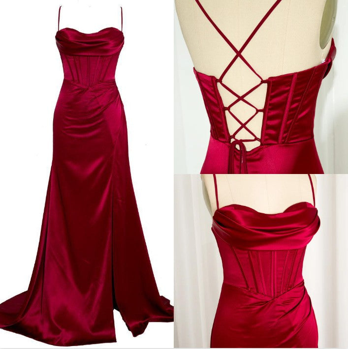 Dark Green Mermaid Satin Spaghetti Straps Long Prom Dress With Split ED01573