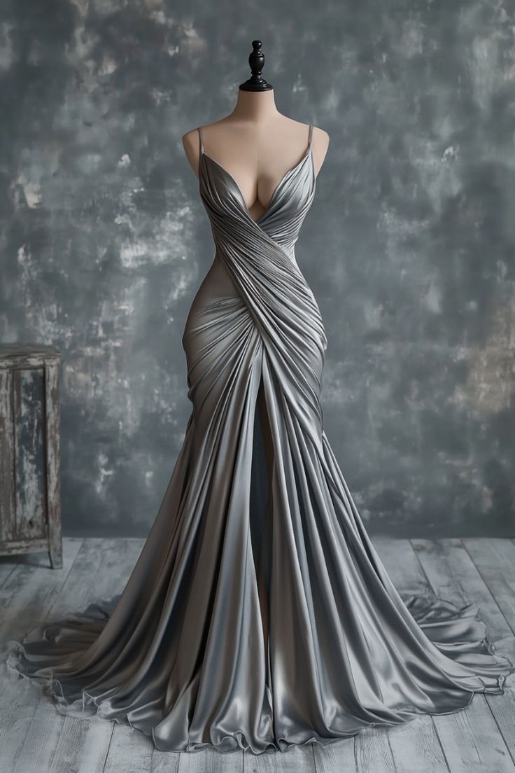Mermaid V Neck Silver Spaghetti Straps Satin Long Prom Dress Sexy Evening Dress ED01574