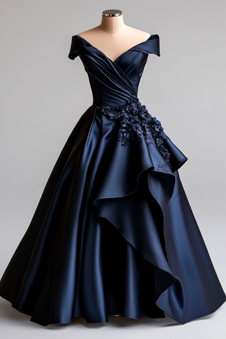 Dark Navy A-Line V Neck Satin Long Prom Dress Simple Applique Evening Dress ED01575