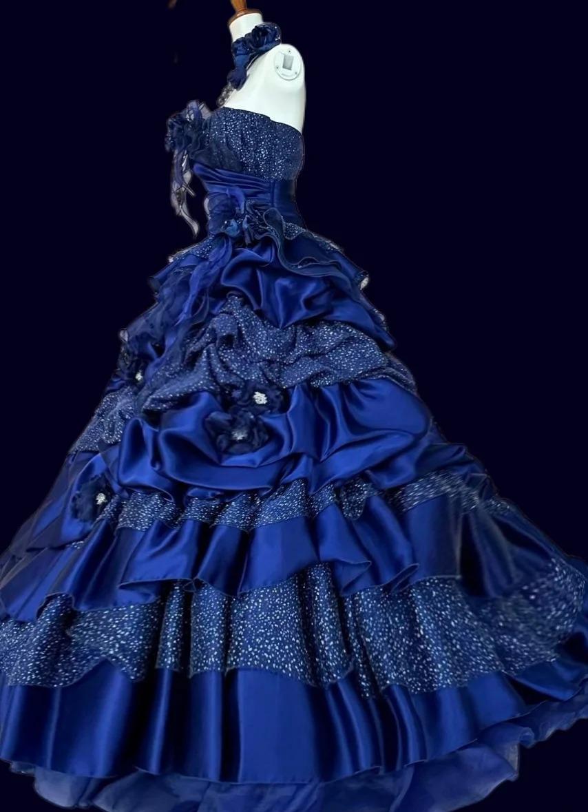 Vintage A-Line Strapless Satin Tulle Long Ball Dress Klein Blue 3D Applique Evening Dress ED01591