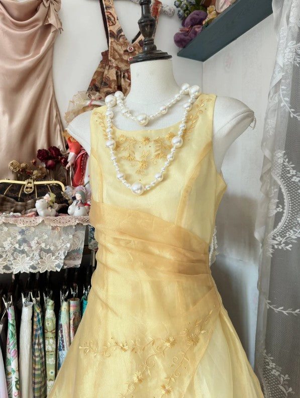Vintage Yellow A-Line Boat Neck Tulle Long Prom Dress Simple Embroidery Applique Evening Dress ED01592