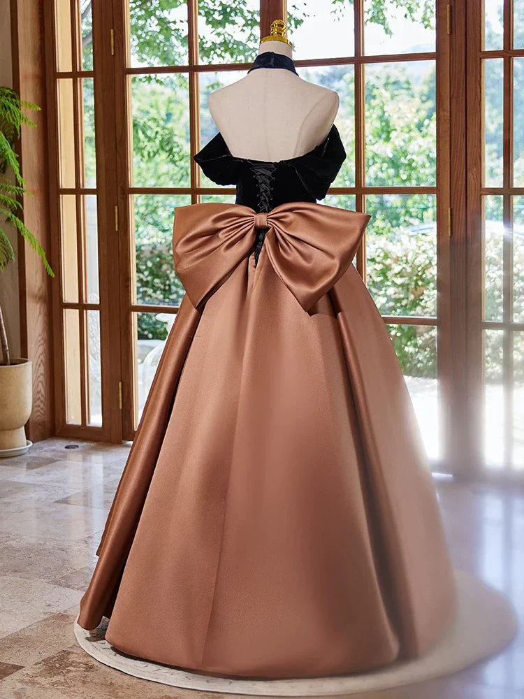 A-Line Off Shouder Satin Brown Long Prom Dress, Brown Long Formal Dress ED016