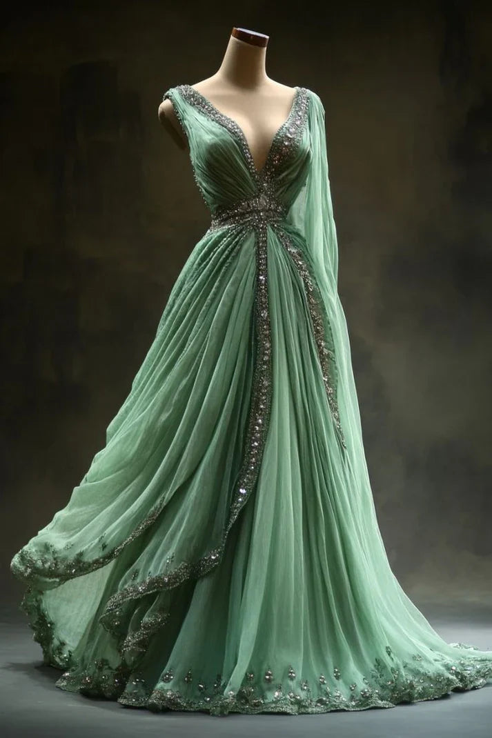 Aesthetic A-Line V Neckline Green Tulle Long Prom Dress Sweet Beaded Evening Dress ED01600