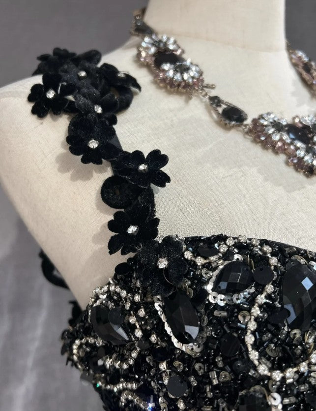 Elegant Black Mermaid Satin Beaded Sequin Long Prom Dress, Sweetheart Neck Evening Dress ED01606