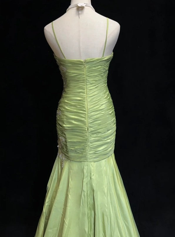 Vintage Green Mermaid Spaghetti Strap Satin Beaded Sequin Long Prom Dress Sweetheart Neck Evening Dress ED01607