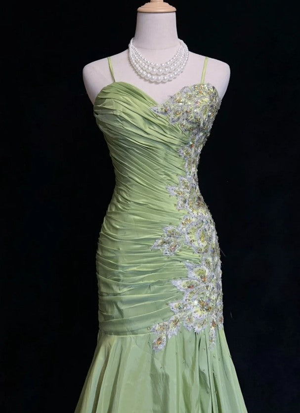 Vintage Green Mermaid Spaghetti Strap Satin Beaded Sequin Long Prom Dress Sweetheart Neck Evening Dress ED01607